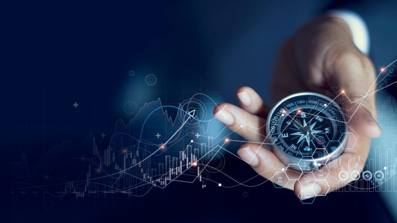 Strategic navigation concept with compass representing NeoPolaris guiding AI adoption with data analytics overlay